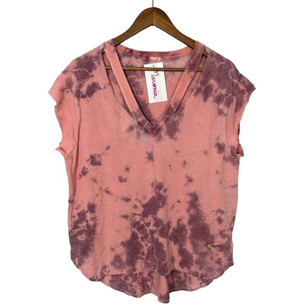 𝅺Maronie Shirt Womens Large Tie Dye V-neck Distressed Tee Cutout Neckline - Picture 6 of 9
